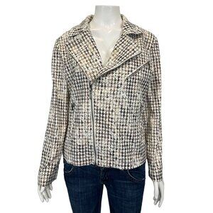 Chicos Jacket 1 Medium Asymmetrical Zip Metallic Houndstooth Print Pockets